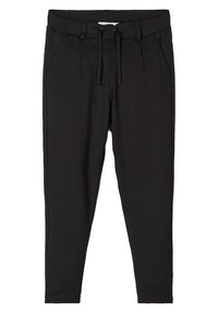 Zwarte joggingsbroek van zacht materiaal, met een trekkoord in de taille, plooien aan de voorkant en een slim fit ontwerp met zijkanten accentueert.