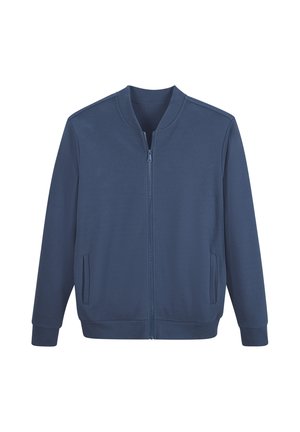 Blau texturierte Reißverschlussjacke mit geripptem Kragen, Bündchen und Saum, mit zwei vorderen Schlitz-Taschen.