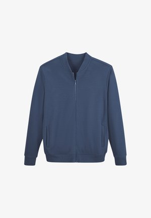 Blue textured zip-up jacket with ribbed collar, cuffs, and hem, featuring two front slit pockets.