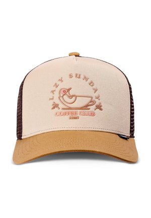 Beige and brown trucker cap with "Lazy Sunday Coffee Club" text and a bird inside a coffee cup embroidered on front panel.