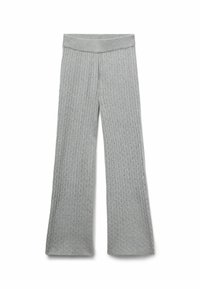 Pantalones de pierna ancha gris de canalé con una tela texturizada y una cinturilla suave y elástica. El diseño presenta patrones de trenzado vertical.