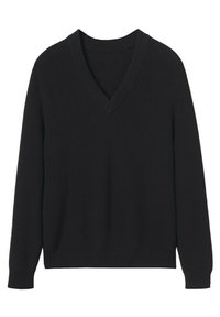 Zwarte geribbelde gebreide trui met lange mouwen en een V-hals ontwerp. Kenmerkt zich door een gestructureerde stof en een losse pasvorm. Geen extra patronen of accenten.