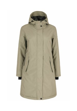 Licht olijfgroene dameswinterjas met capuchon, drukknopen aan de voorkant, ritszakken en zwarte binnenvoering en manchetten.