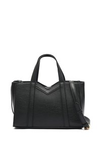 Crna kožna torba s teksturiranom površinom, geometrijskim dizajnom, dvostrukim ručkama, odvojivom trakom za rame i "v" akcentom sprijeda.