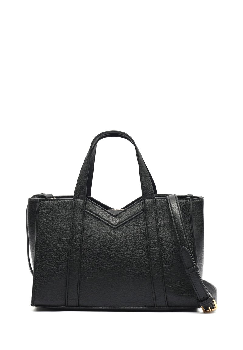 Crna kožna torba s teksturiranom površinom, geometrijskim dizajnom, dvostrukim ručkama, odvojivom trakom za rame i "v" akcentom sprijeda.