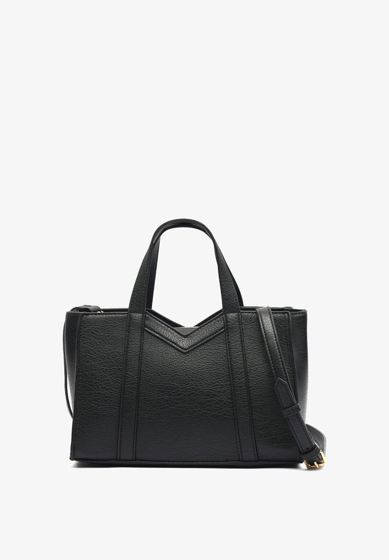 Crna kožna torba s teksturiranom površinom, geometrijskim dizajnom, dvostrukim ručkama, odvojivom trakom za rame i "v" akcentom sprijeda.