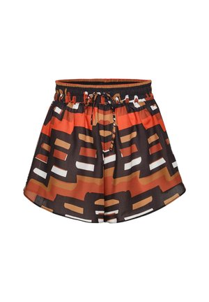 Pantaloncini ampi con vita elastica e coulisse, caratterizzati da un audace motivo geometrico in nero, marrone, arancione e bianco.