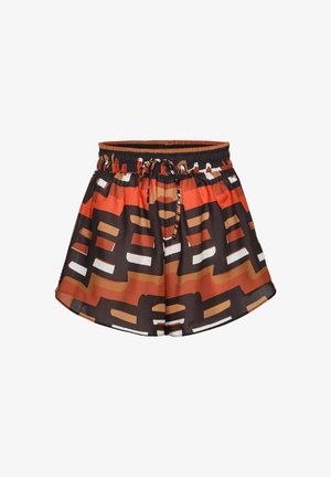 Pantaloncini ampi con vita elastica e coulisse, caratterizzati da un audace motivo geometrico in nero, marrone, arancione e bianco.