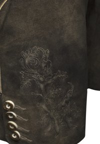 Chaqueta de gamuza en marrón oscuro con intrincados bordados florales. Presenta cuatro grandes botones y un acabado texturizado.