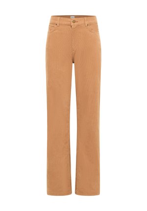 Világosbarna egyenes szárú kordnadrág elülső zsebekkel, övbújtatókkal és gombos derékzárral.