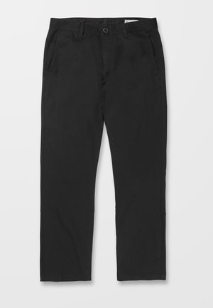 Black trousers made of a smooth fabric, featuring a straight-leg design, front pockets, a button closure, and a standard waistband.
