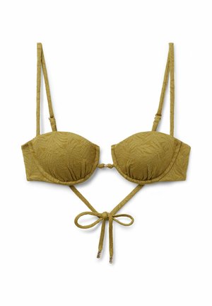 Olivgrünes wattiertes Bikini-Oberteil mit verstellbaren Trägern, einem Verschluss in der Mitte vorne und einem vorderen Bindeband mit Blattmusterstruktur.