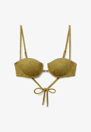 Top de bikini acolchado en verde oliva con tirantes ajustables, cierre frontal central y detalle de lazo delantero con textura de patrón de hojas.