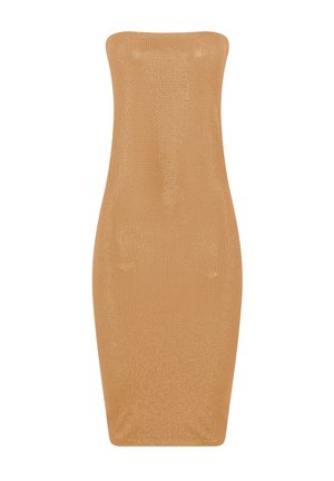 Stropfri midi-kjole i tanfarve, med en tætsiddende silhuet, tekstureret strikkemønster og glat finish, designet til en kropsnær pasform.