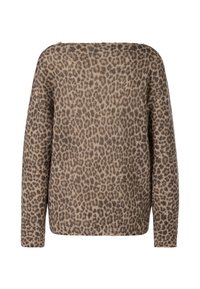 Leopardenmuster-Pullover in Beige- und Brauntönen, mit langen Ärmeln, einer kastigen Silhouette und einem weichen, strukturierten Strickstoff.
