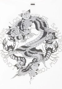 Zwart-witte grafische ontwerp met een draak en rozen, vergezeld van tekst die steden opsomt. Het kunstwerk is gedurfd en zeer gedetailleerd op een witte achtergrond.