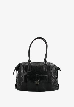 Borsa a mano in pelle nera con finitura lucida, dotata di doppi manici, chiusura con zip e tasca frontale con dettaglio logo metallico.