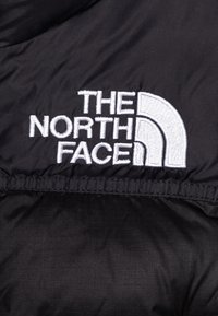 Černá nylonová bunda s vyšitým logem "THE NORTH FACE" a charakteristickým zakřiveným vzorem.