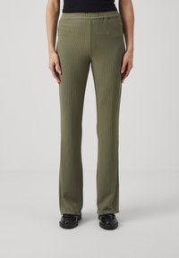 Olive green pants with a textured fabric, elastic waistband, and straight leg design. Flat front and subtle detailing enhance the look.