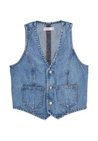 Jeansväst i ljusblått med figurnära skärning, v-ringning, knappstängning fram, två framfickor och kontrasterande bruna sömmar.