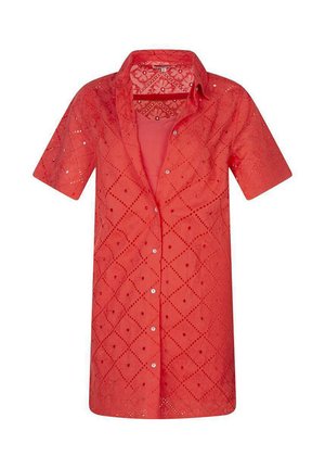 Rød kortærmet skjorte-kjole med diamantformet blonde mønster og blomsterbroderi, med krave og indre foring.