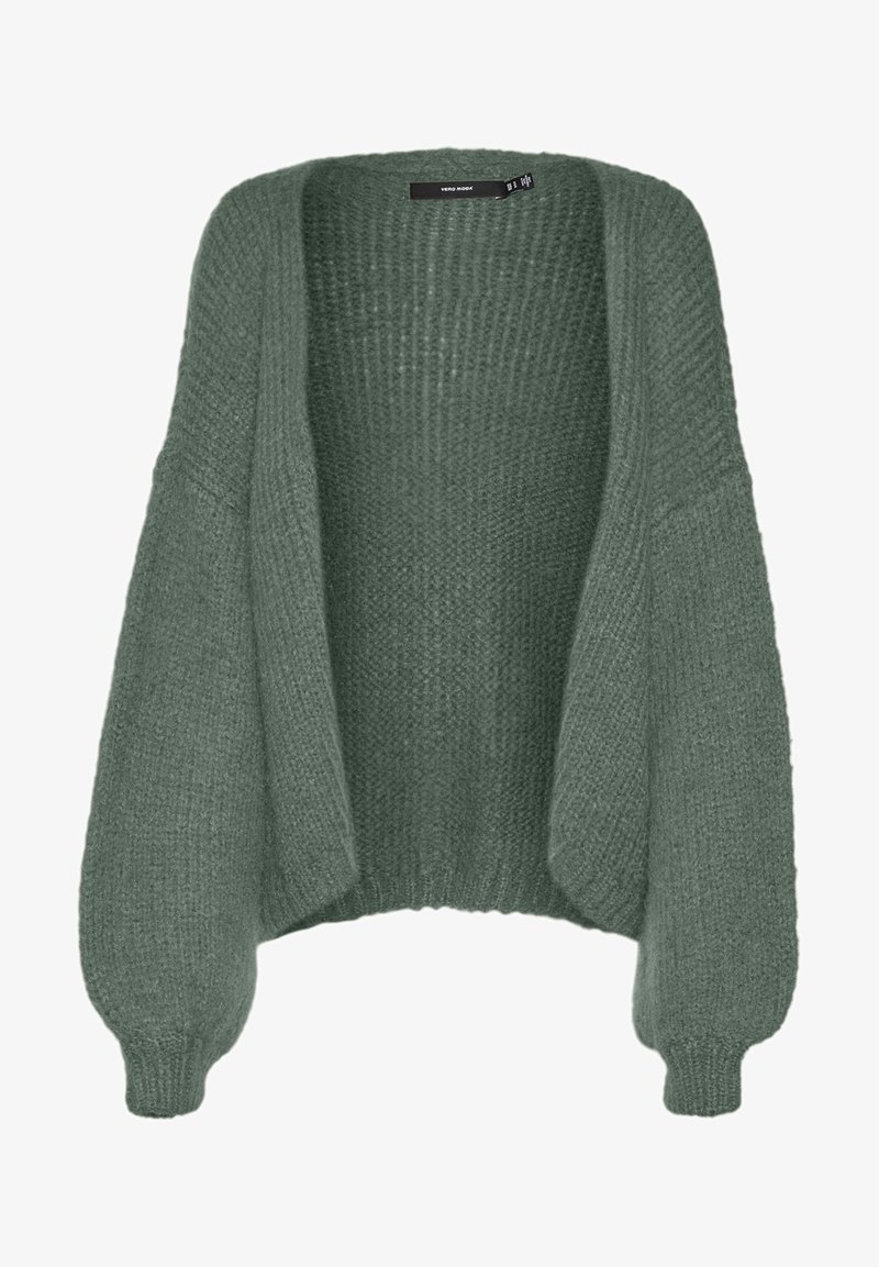 Cardigan vert en tricot avec une ouverture sur le devant, des manches larges et des poignets côtelés. Fabriqué en tissu doux et texturé. Sans fermetures.