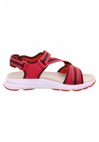 Sandali sportivi rossi e rosa con cinturini regolabili, suola bianca leggera e dettagli testurizzati sulla parte superiore per grip e comfort.