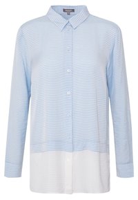Camicia a maniche lunghe azzurro chiaro e bianca con bottone frontale, caratterizzata da un motivo a strisce e una metà inferiore di colore unico. Materiale in cotone.