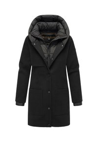 Manteau noir avec une capuche rembourrée amovible, doté d'une fermeture à boutons, de deux poches avant et d'un mélange de matériaux en laine et matelassés.