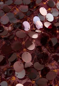 Burgundy mesh fabric adorned with circular sequins in shades of dark red and iridescent, connected by golden threads. Textured and reflective.