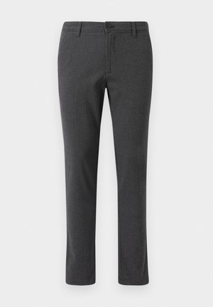 Pantalones grises ajustados con una textura sutil, diseño de pierna recta, cierre frontal con botón y bolsillos estándar en los lados y la parte trasera.