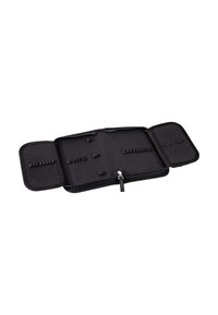 Black zippered case with multiple elastic loops and compartments; interior features a textured pattern; opens flat for easy access.
