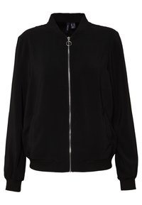 Black bomber jacket with a round collar, zipper front, elastic cuffs, and hem. Made from soft fabric with a smooth texture.