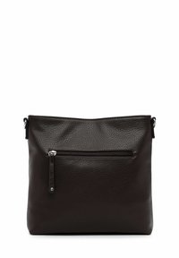 Mørkebrun læder skuldertaske med en tekstureret overflade, en toplynlås og en lynlåslomme foran til ekstra opbevaring.