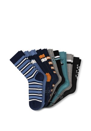 Dix paires de chaussettes colorées aux motifs variés, comprenant des rayures, des couleurs unies et de petits éléments graphiques, disposées côte à côte.
