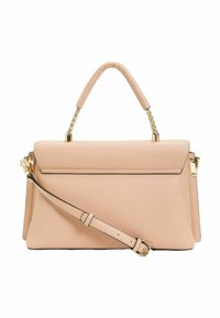 Borsa a mano in pelle beige con forma strutturata, hardware color oro, manico superiore e tracolla staccabile. Texture liscia e design elegante.
