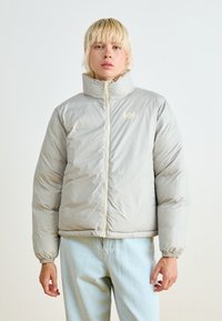 Light gray puffer jacket with high collar, front zipper, elastic cuffs, and small logo on the chest. Smooth, shiny material, warm design.