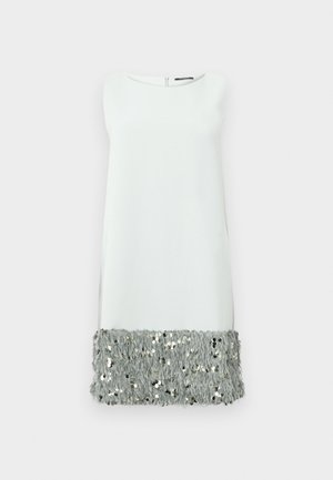 Ärmelloses Kleid aus hellem grauem Stoff mit einem flauschigen, mit Pailletten verzierten Saum. Einfacher, runder Ausschnitt und ein Reißverschluss im Rücken.