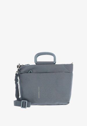 Graham-graue Stofftasche mit einem strukturierten Karomuster, Oberhandgriff, abnehmbarem Schulterriemen und einem Reißverschluss. Mit Logo auf der Vorderseite.