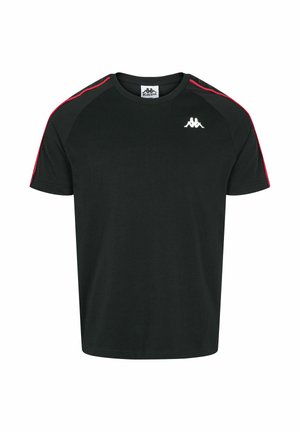 T-shirt nera in cotone con strisce laterali rosse e un piccolo logo bianco sul petto. Presenta un collo rotondo e maniche corte.