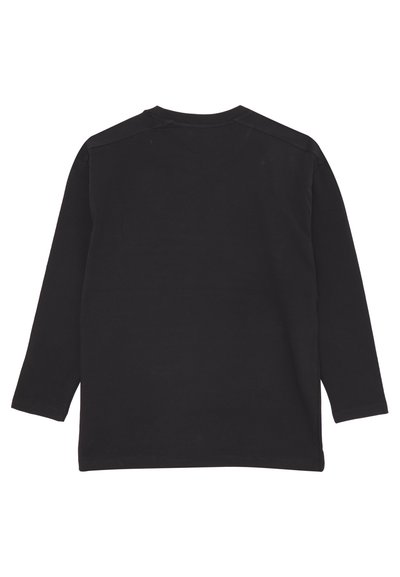 Maglietta nera a manica lunga con scollo rotondo, realizzata in cotone morbido, caratterizzata da una superficie liscia e senza motivi o dettagli visibili.