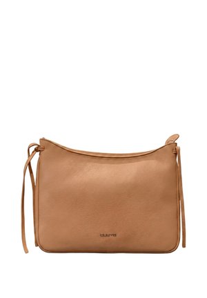 Hellbraune Leder-Schultertasche mit Reißverschluss und minimal geprägtem Markenlogo auf der Vorderseite.