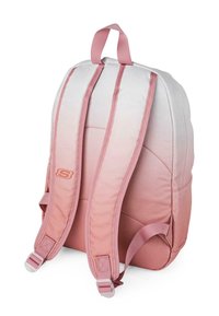 Mochila de gradiente rosa con correas acolchadas, tela suave y un asa superior. Presenta detalles de logotipo y hebillas laterales ajustables para un mejor ajuste.