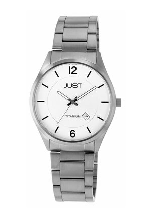 Titanium wristwatch with a silver adjustable link bracelet, round face, white dial, black hour markers, and date display at 6 o'clock.