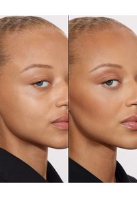 Gros plan d'un visage divisé entre deux images, montrant différentes applications de maquillage. Les traits incluent une peau lisse, des pommettes définies et une couleur naturelle des lèvres.