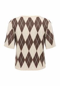 Pull tricoté à manches courtes marron et beige avec un motif en losanges composés de formes délimitées et un large col rond.