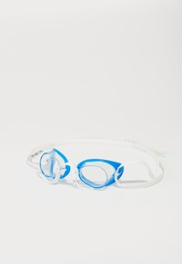 Occhialini da nuoto con lenti trasparenti e montatura in silicone blu, dotati di una fascia regolabile bianca per una vestibilità sicura e comfort.