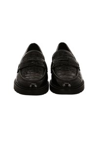 Pair of black leather loafers with textured crocodile pattern and chunky soles, viewed from the front on a white background.