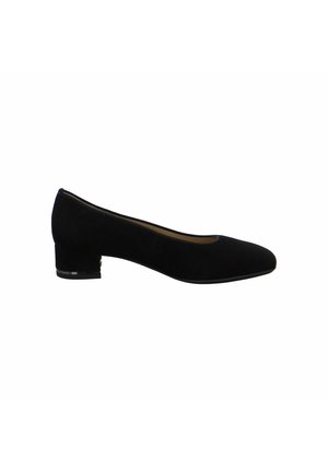Black suede ballet flats with a rounded toe and a low block heel. The surface is textured with a smooth finish and no visible embellishments.