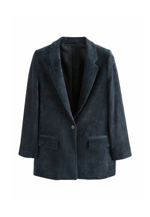 Tmavě modrý kordurový blazer s klopami, jednolaný uzávěr a dvěma předními kapsami s klopami, vystavený na bílém pozadí.